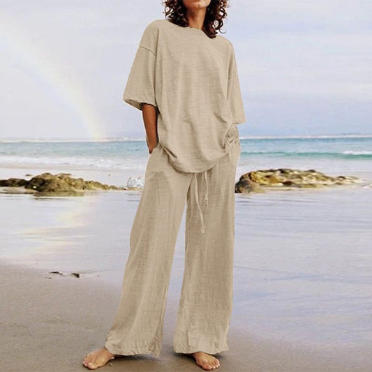 🌺【S-5XL】2025 nowy damski bawełniano-lniany, prosty, swobodny, dwuczęściowy komplet, wygodny i oddychający damski komplet sportowy